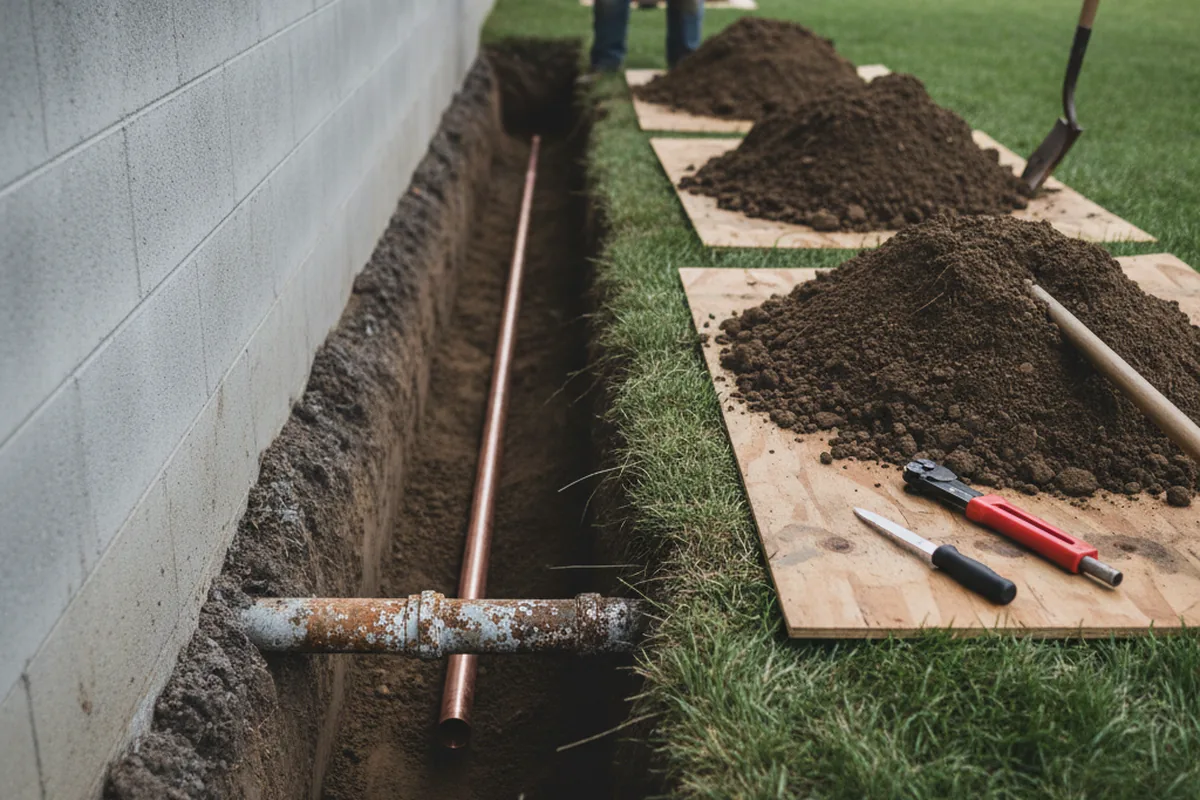 Excavated water line trench during Water Softener Installation in Willits